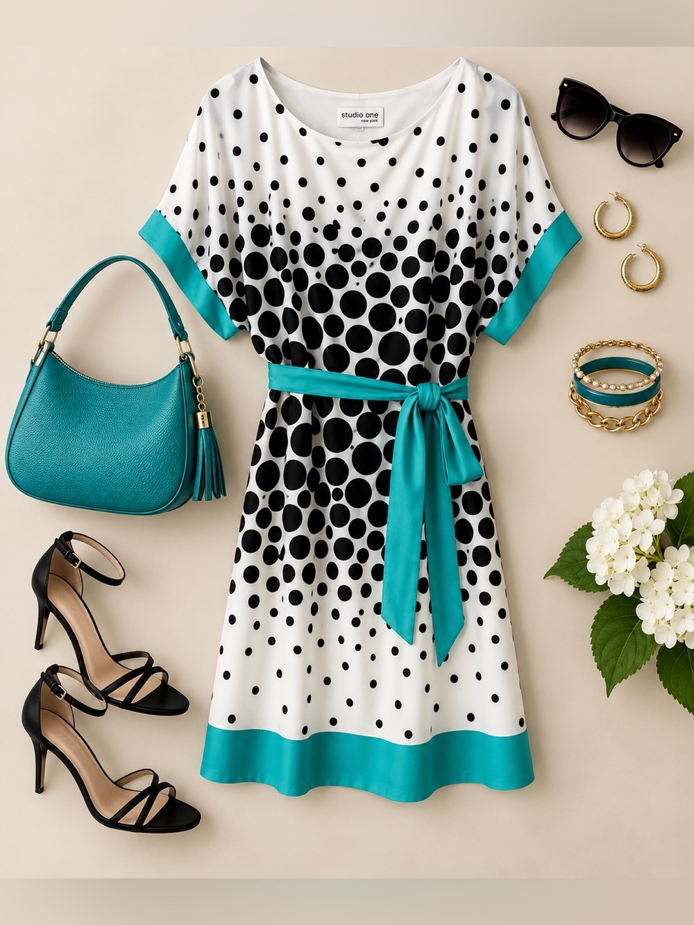 Studio One NY Black White Polka Dot Teal Belted Dress